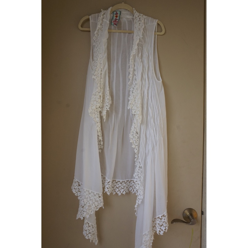 Johnny Was long duster crochet lace trim Pintuck Boho Festival Layering Vest L - Picture 2 of 12